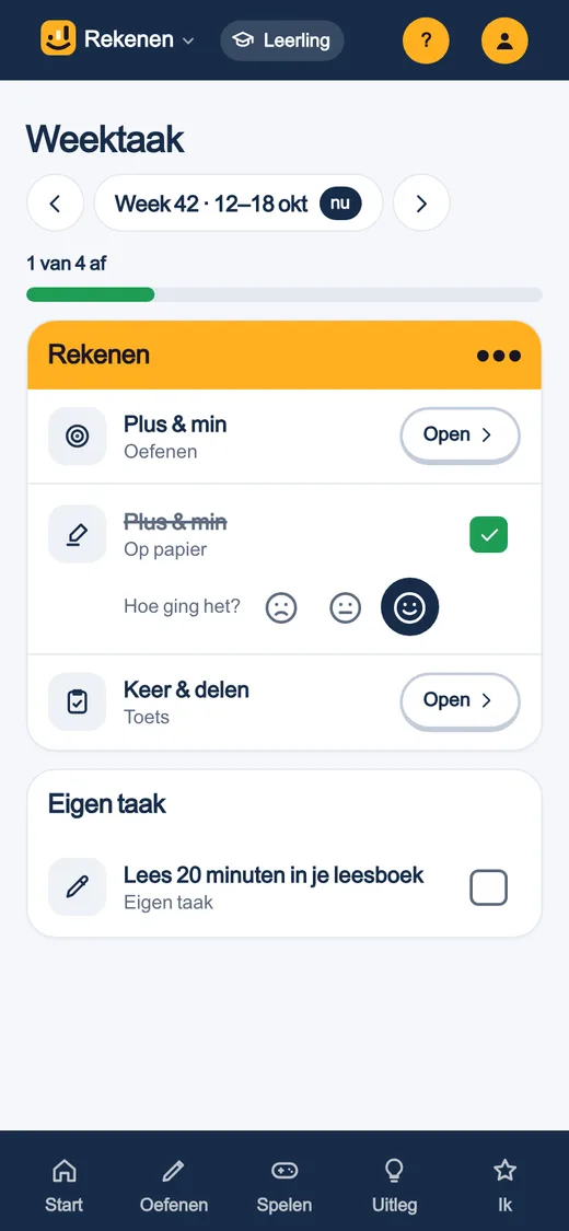 De weektaak op een telefoon: per vak de taken, met vinkjes en smileys.